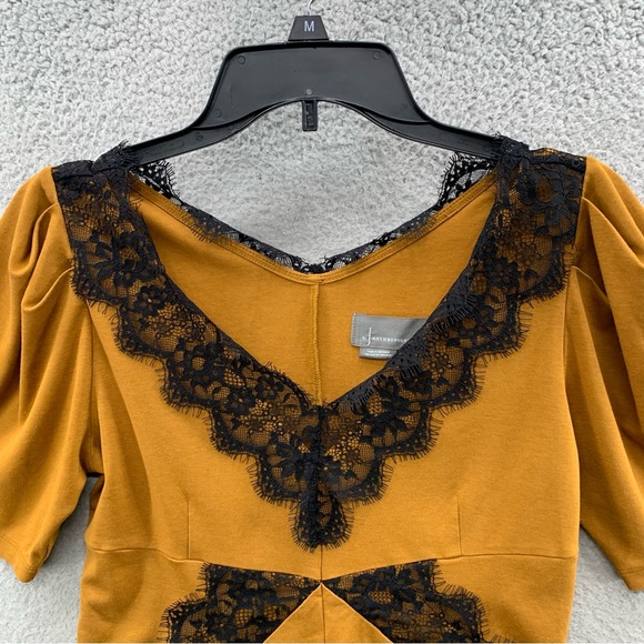 By Anthropologie Women Size S Mustard Lace Trim Top Blouse V-Neck Short Sleeve - Picture 8 of 11